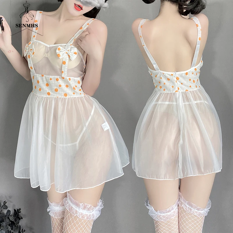 

SENMHS Summer See-through Mesh Nightdress Sweet Sling Bow Women Nightgown Lace Lingerie Erotic Temptation Homewear