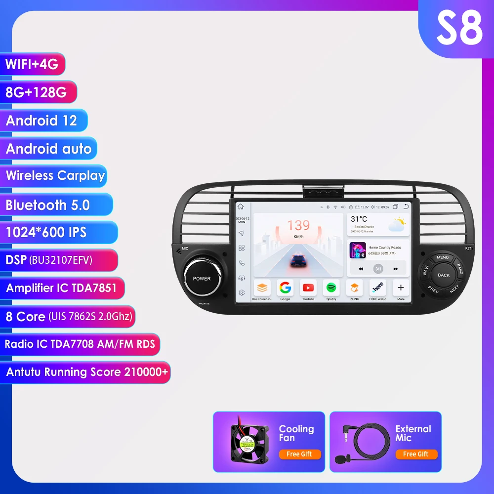 

Hizpo 7 "Android 13 Автомобильный радиоприемник для FIAT 500 2007-2015 Мультимедийный плеер GPS-навигация Авторадио Поддержка Carplay BT DAB OBD2 TPMS