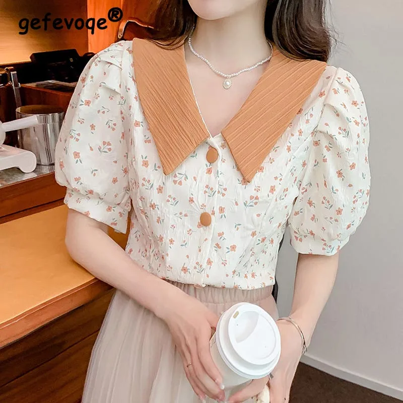 Shirts Women Peter Pan Collar Sweet Puff Sleeve Floral Vintage Korean Youth Style Summer New Casual Fashion Female Clothing 2022