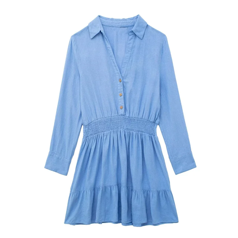 

Женское льняное мини-платье А-силуэта, милая рубашка с эластичной талией, короткое платье, однотонные платья с оборками для девушек, весна 2023