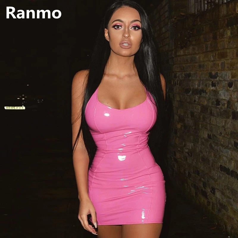 

Sexy Women Mini Solid Dress Pu Leather Bodycon Elegant Sleeveless Sling Bag Hip Low Cut Clubnight Party Vintage Tight Waist Prom