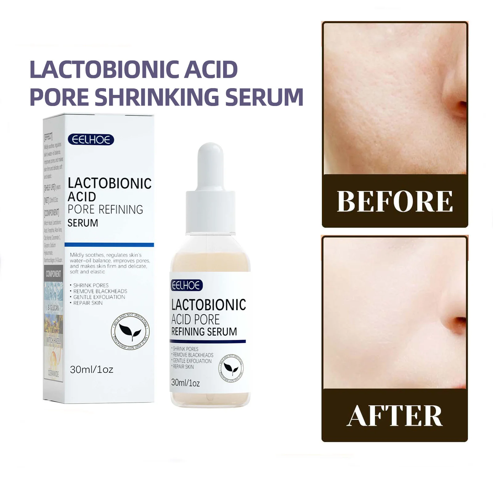 

1pc Lactobionic Acid Pore Shrink Face Serum Hyaluronic Acid Moisturizing Nourishing Essence Firming Brighten Beauty 30ml