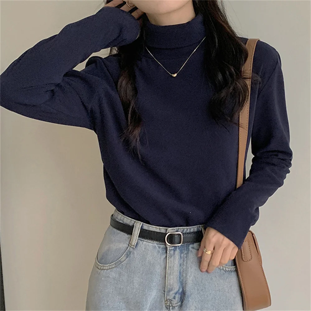 

PLAMTEE T-shirts Women Hot Outwear Tops Slim-Fit Turtleneck Bottoming Velvet OL Casual Solid Tees 2022 Chic Full Sleeves Loose
