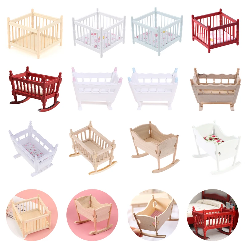 

1/6 1/12 Dollhouse Miniature Baby Bed Wooden Cradle Baby Cot Model Toy Nursery Room Bedroom Baby Carriage Doll House Furniture