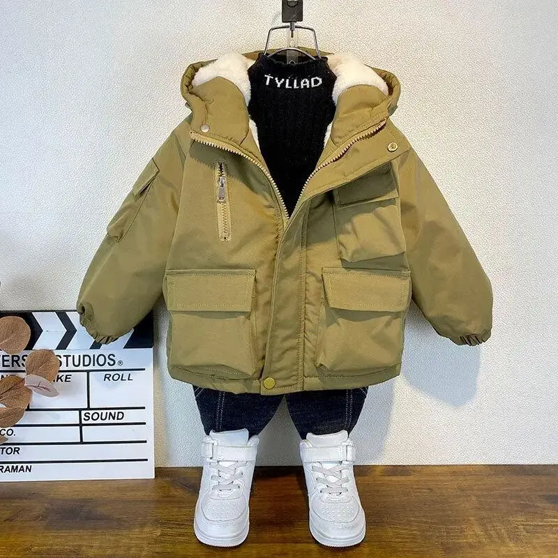

2023 New Children Jacket Winter Keep Warm Boys Jacket Fashion Lining With Plush Fur Collar Hooded Heavy Coat For Kids