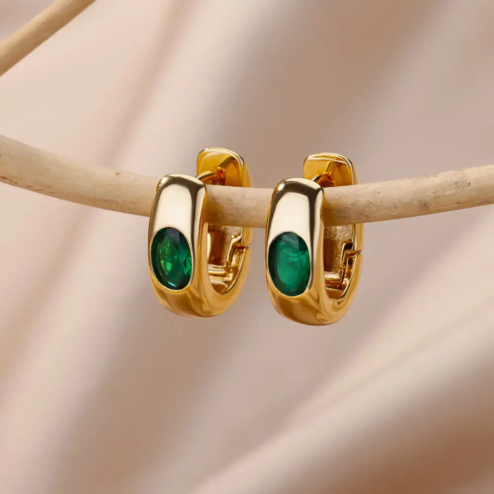

Green Zircon Hoop Earrings For Women Luxury Gold Plated Stainless Steel Earrings 2023 Trending Aesthetic Jewelry aretes mujer