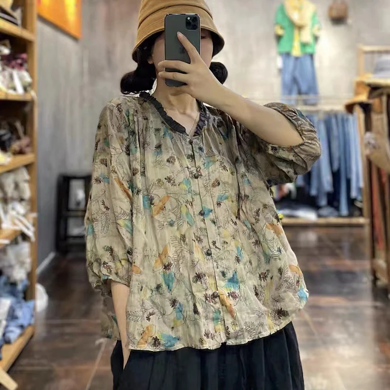 Женская свободная рубашка с коротким рукавом однобортная блузка из хлопка и льна