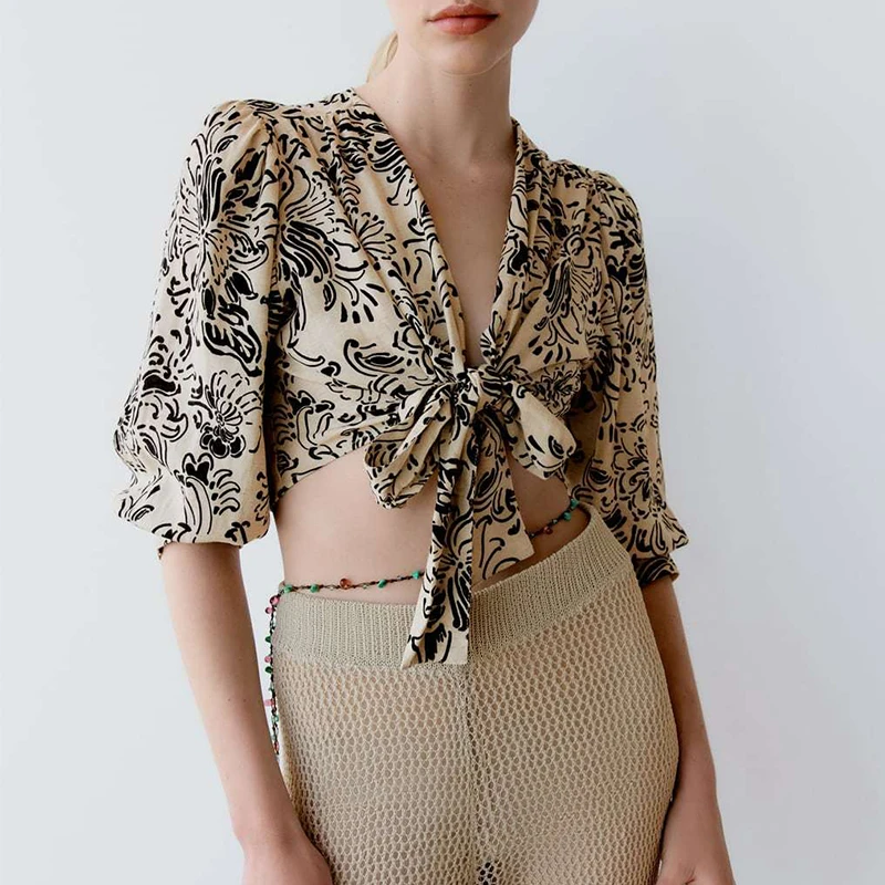 

Summer 2022 Women Bow Decoration Print Blouse V Neck Three Quarter Sleeve Shirt Female All-match Tops Blusas Mujer LY9830