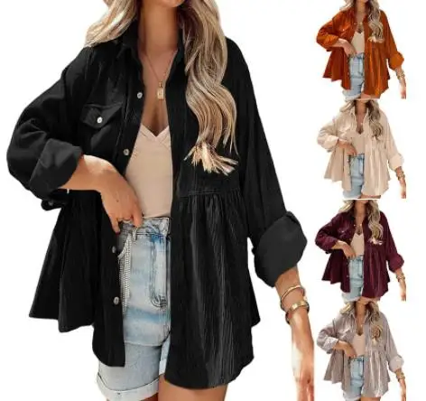 

Женская Вельветовая блузка с отложным воротником, длинным рукавом и оборками