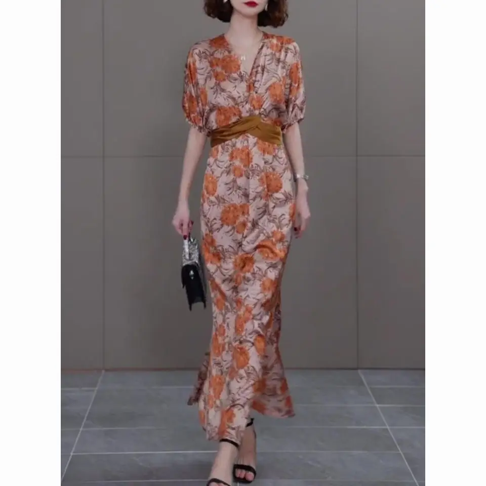 

Retro Romance Bohemian V-Neck Lantern Sleeve A-Line Floral Dress Printing Vent Office Lady Elegant Long Dresses For 2023 Summer