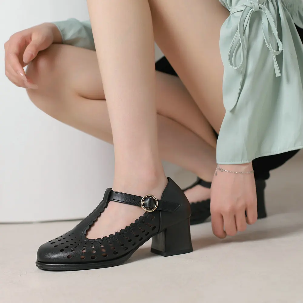Summer Women's Chunky Heel T-Strap Shoes with Hollow Out Design Buckle Closure White Black Colors Pumps Plus Size Up to 48