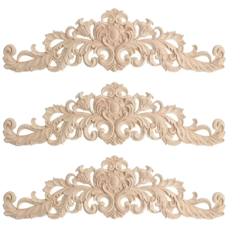 

3Pcs 40X12cm Exquisite Classic Rubber Wood Carved Applique Furniture Natural Decal Wood Color
