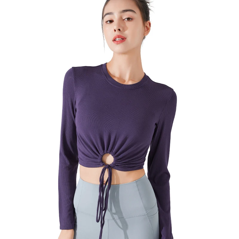 

With Logo AI Ribbed Women's Slim Fit Long sleeved Open Umbilical Top Fitness Sports Top Women's Yoga Shirt Sportswear
