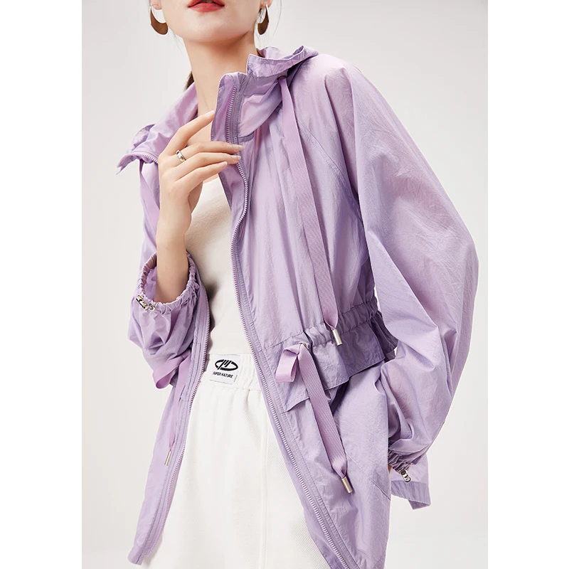 

SHUCHAN New Fashion Thin Summer 2022 Casual Solid Outerwear & Coats Jackets for Women hooded zipper