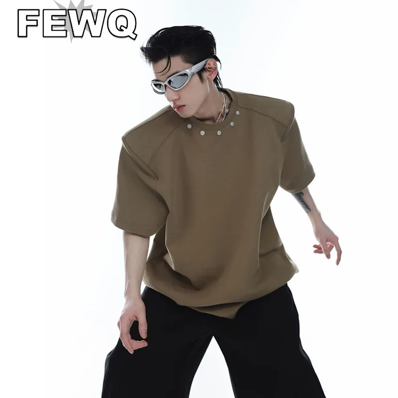 

FEWQ Matel Button Men's T-shirts Short Sleeve Male Korean Fashion Niche Shoulder Pad Pullovertops 2023 Spring Stylish New 9A7874