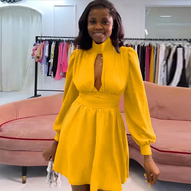 

Элегантное платье-мини Znaiml с длинным рукавом-фонариком и высокой талией, с вырезами, трапециевидного силуэта, женские платья для фестивалей...