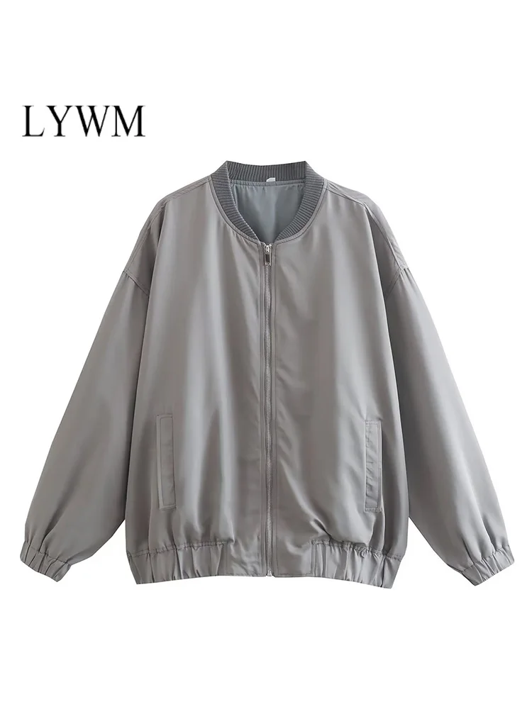 

LYWM Women Fashion Gray Solid Front Zipper Loose Jacket Coats Vintage O-Neck Long Sleeves Female Chic Lady Outfits