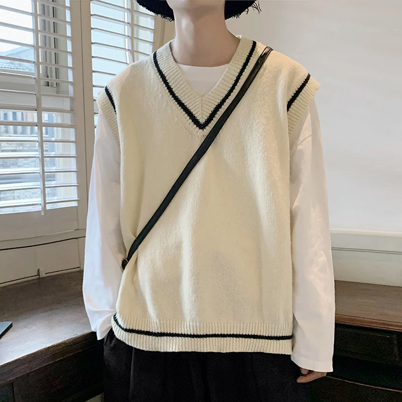 

Sweater Vest Men New Arrival Male Sleeveless Harajuku V-neck Students Design Knitting Ulzzang Preppy Style Teens Casual V136