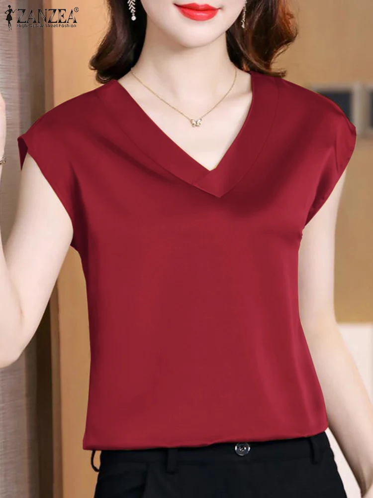 

ZANZEA Summer Fashion Satin Blouse Female Solid Color Blouses Woman Short Sleeve Chemise Casual Tunic Tops Thin Oversized 2023