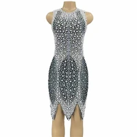 black sleeveless sexy shining pearls women dress evening party club clothing celebration wear stage singer perform costumes