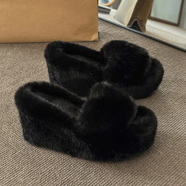 

Home Slippers Women's Flat Shoes Female Heeled Mules Pantofle Slides Flock Fur Flip Flops Platform Massage High 2023 Plush with