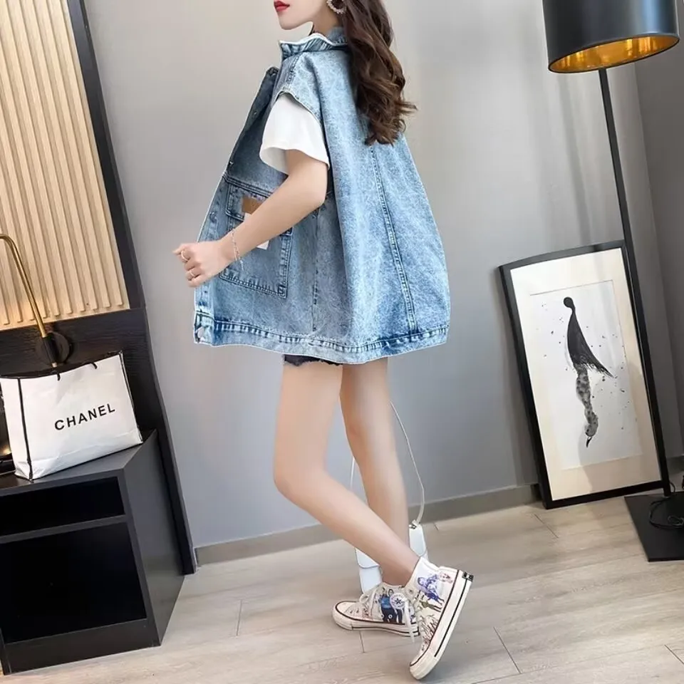 Женский джинсовый жилет свободная короткая куртка без рукавов уличная одежда из