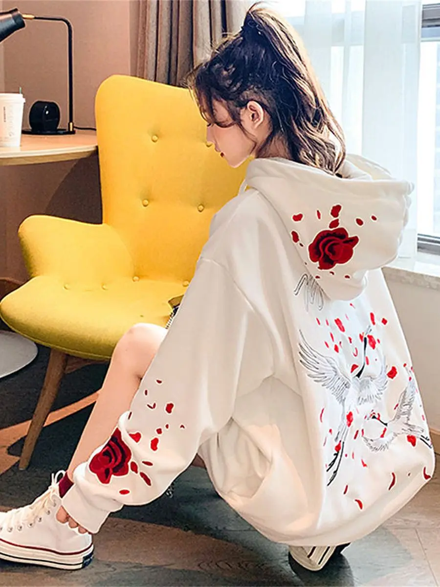 Белые женские свободные свитшоты толстовка с длинным рукавом и милым принтом