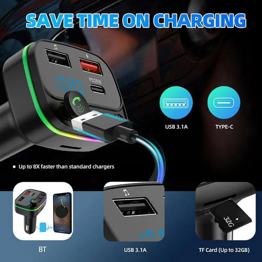 

Car Bluetooth 5.0 FM Transmitter PD Type-C Dual USB Fast Charger Colorful 3.1A Ambient Light Handsfree MP3 Modulator Player F3Z7