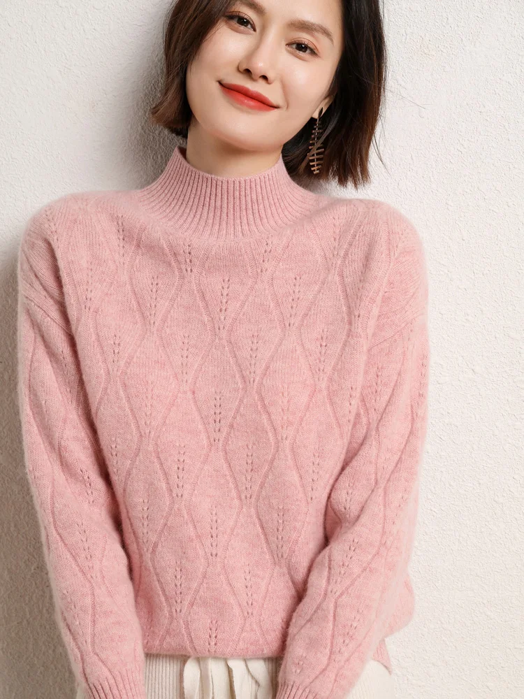 

Aliselect Fashion 100% Merino Wool Women Sweater Mock-Neck Traf Tops Jerseys Long Sleeve Pullovers Spring Autumn Winter Knitwear