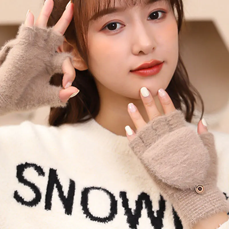 

Перчатки из искусственной норки с откидной крышкой, Мягкие стильные плотные бархатные перчатки, теплые варежки с полупальцами, модные вязаные зимние женские варежки