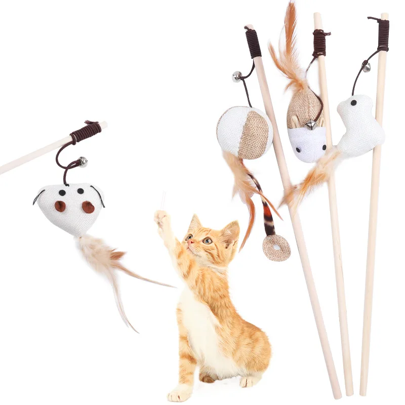 

Cat Toys for Indoor Cats Natural Wood Pet Teaser Wand Toy with Teaser Refills for Kitten Having Fun Exerciser Playing Accessorie