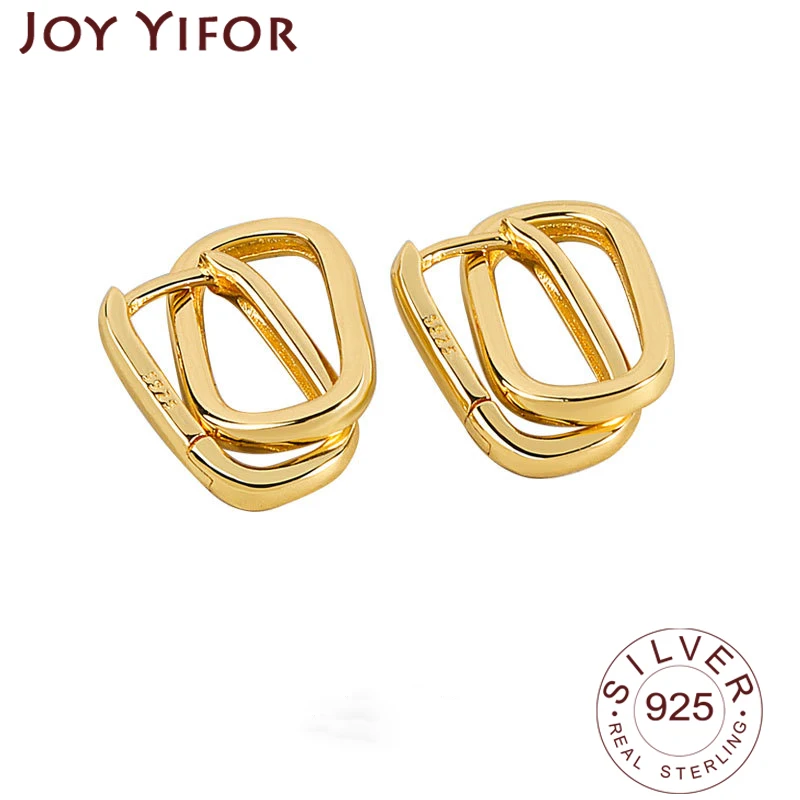 

925 Stamp Silver Earrings For Charm Women Trendy Jewelry Double Rectangle Party Accessories Gifts Round Gold Earring