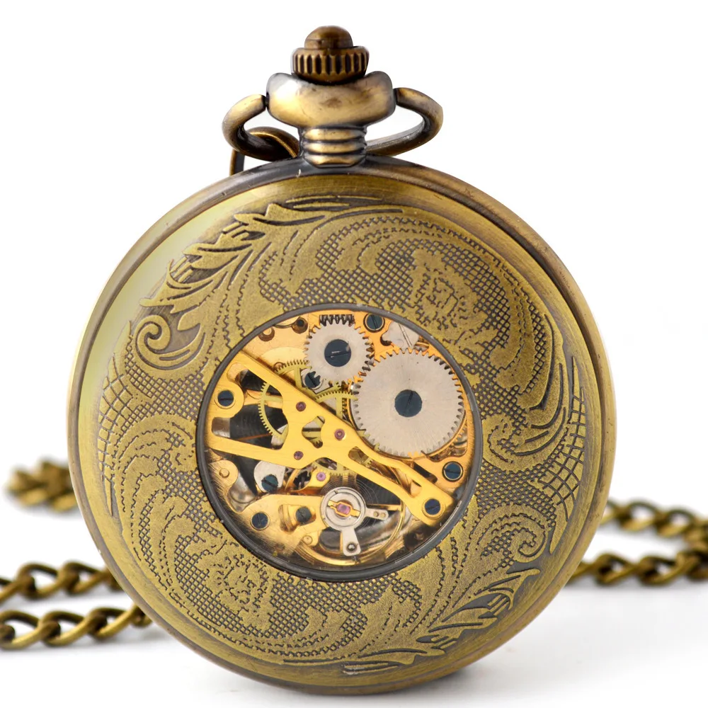 Luxury Golden Mechanical Pocket Watch for Men Women Transparent Dial Gold Case Fob Chain Clip Pendant Clock for Collection Gifts