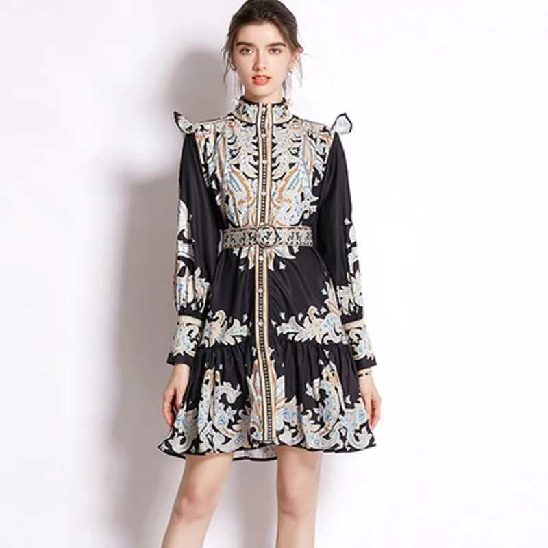 

2022 Fashion Runway Spring Summer Dress Women's Stand Collar Short Sleeve Flower Print Elegant Dress Vestidos
