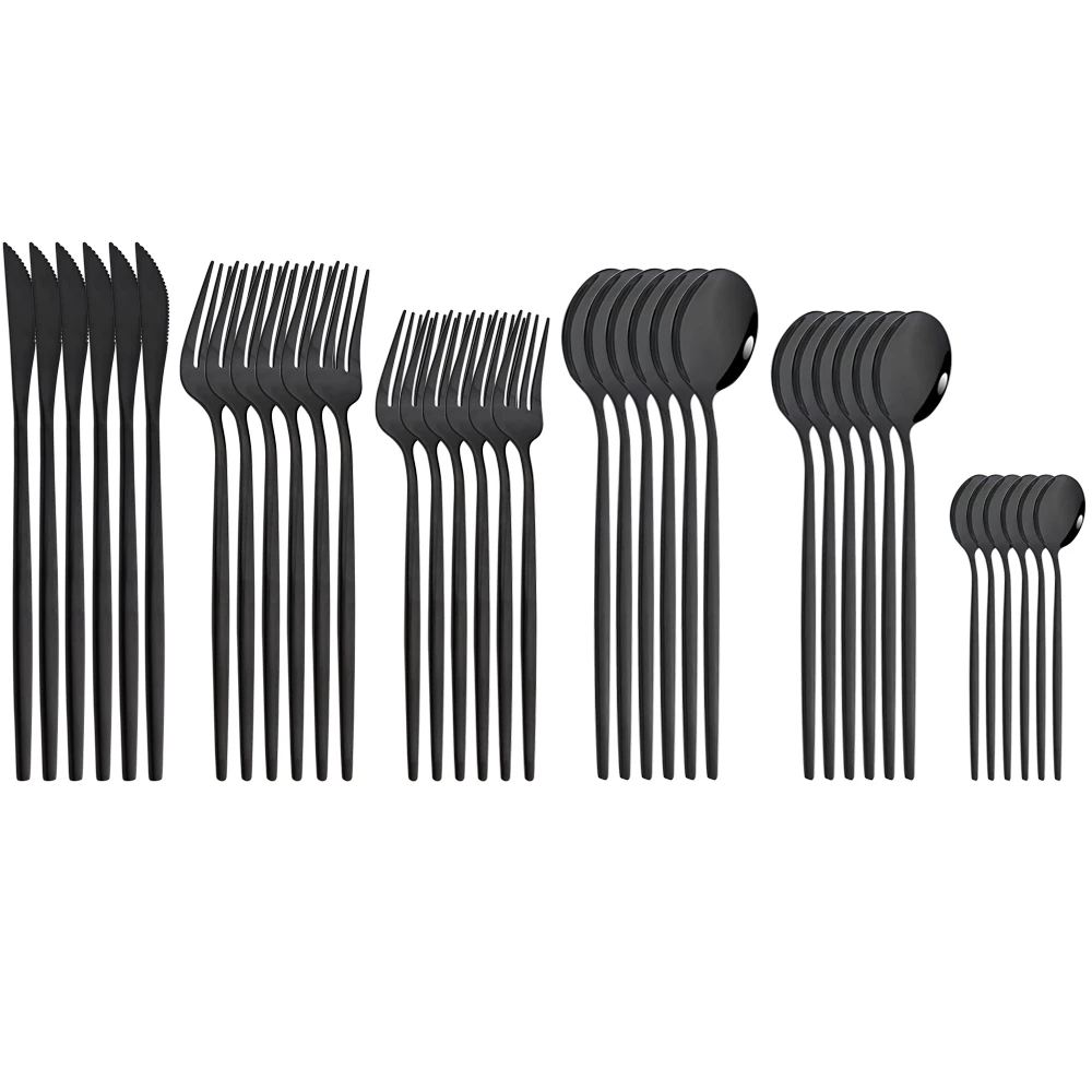 

36Pcs Black Dinnerware Set Dinner Knife Forks Spoons Cutlery Mirror Flatware Stainless Steel Silverware Kitchen Tableware Set