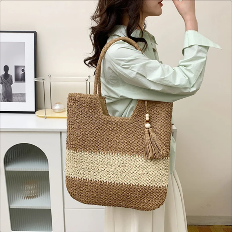 Bohemia Women Weave Straw Big Hit Color Tote Bag 2023 Summer Travel Beach Bags Handmade Lady Handbag Shoulder Side Bags