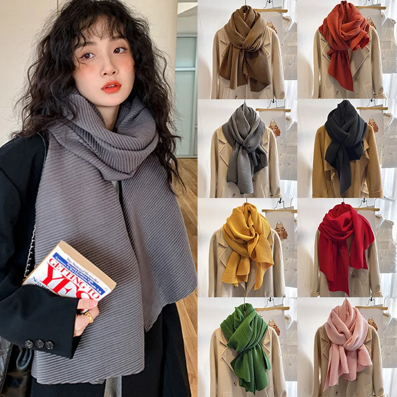 

200*70cm Elegant Scarves Women Natural Soft Muslim Hijab Cotton Linen Wrinkle Headscarf Pleated Scarf Single Color Lady Shawls
