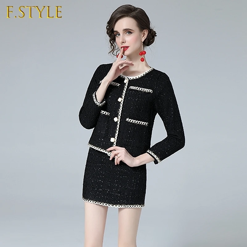 High Quality 2021 Women Tweed Two Piece Set Elegant Black Single Breasted Long Sleeve Jacket Coat + A Line Mini Skirt Outfits