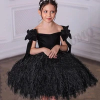 black short feather toddler flower girl dresses fancy birthday off shoulder costumes wedding photography gown customised