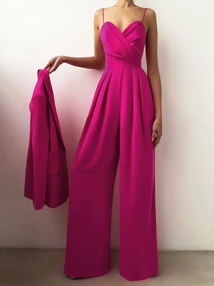 

Элегантный комбинезон Foridol с V-образным вырезом на бретелях-спагетти с широкими штанинами и длинными брюками Розовый Красный офисный женски...