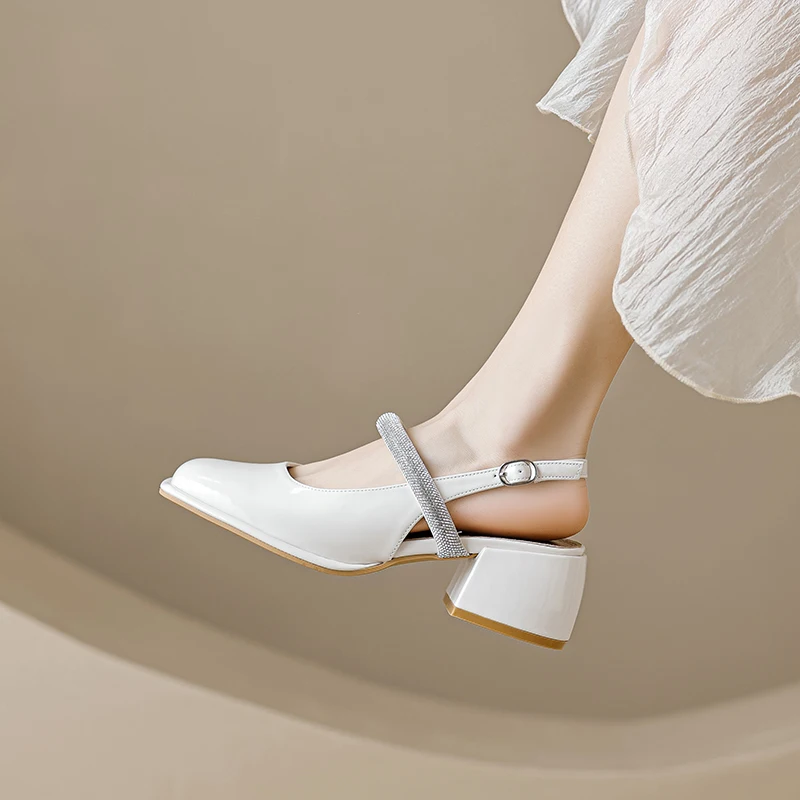 DIMANYU Women's Mary Jane Shoes Summer 2023 New Large Size 41 42 43 Square Toe Women Openwork Shoes Rhinestone Mid Heels Women