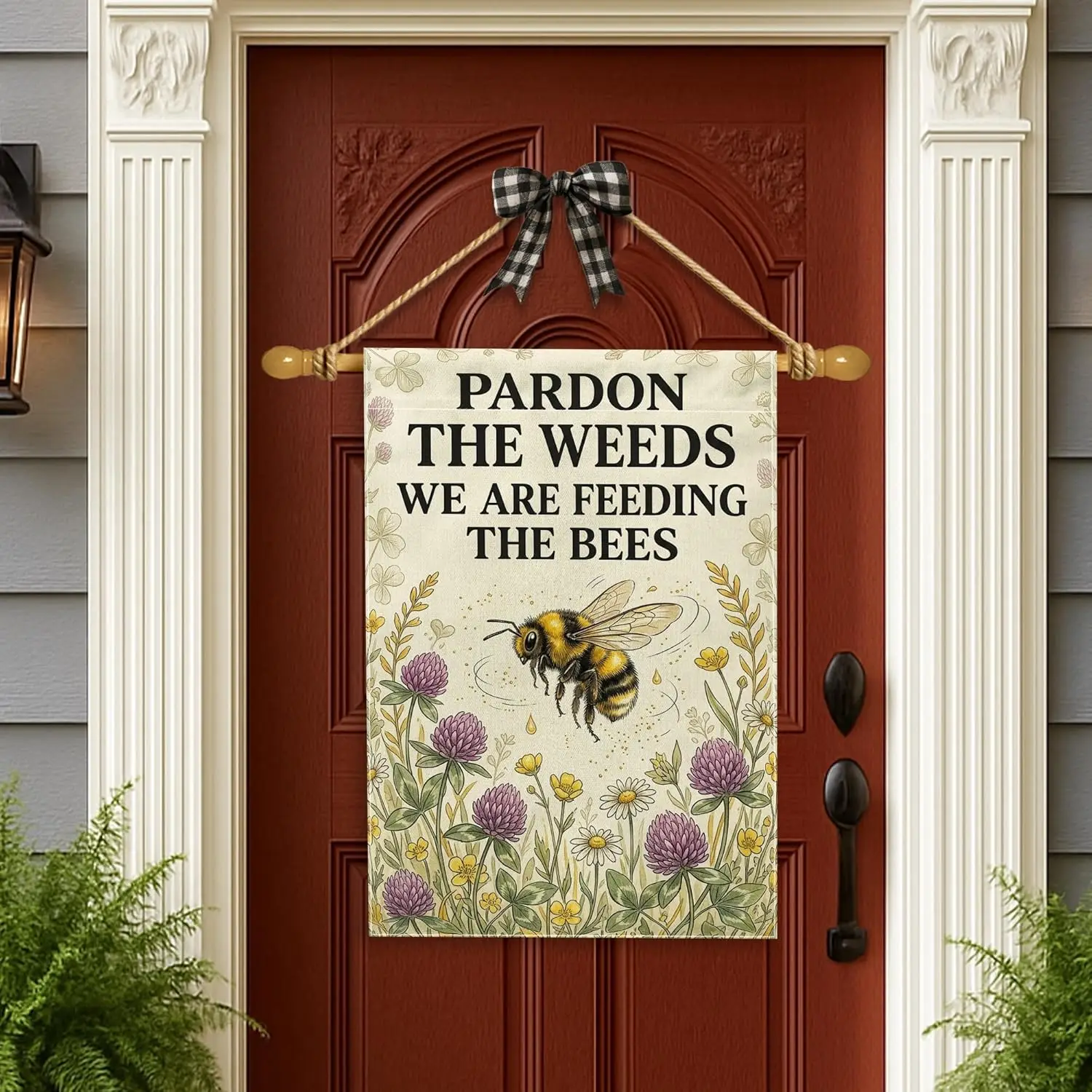 Фото Флаг для сада Bee House, двусторонний, с ботаническим узором из цветов и трав, весенний, желтый, из мешковины, большой, для улицы, AAM №5