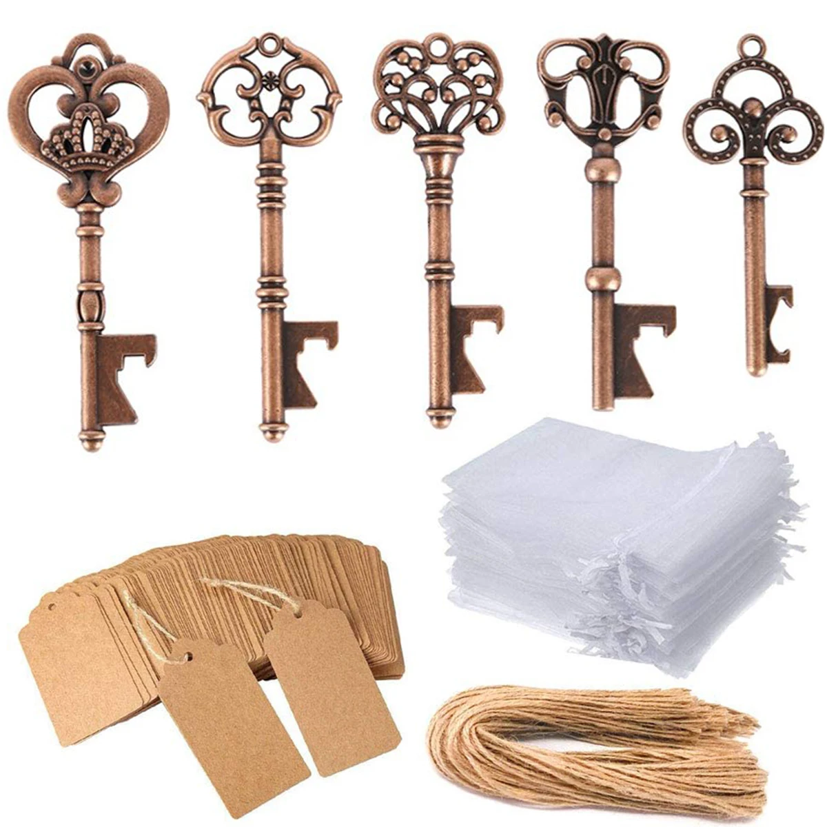 

30Pcs Vintage Key Bottle Opener Kit Wedding Party Favor Skeleton Key Bottle Opener with Paperboard Tag Card Lanyard Organza Bag