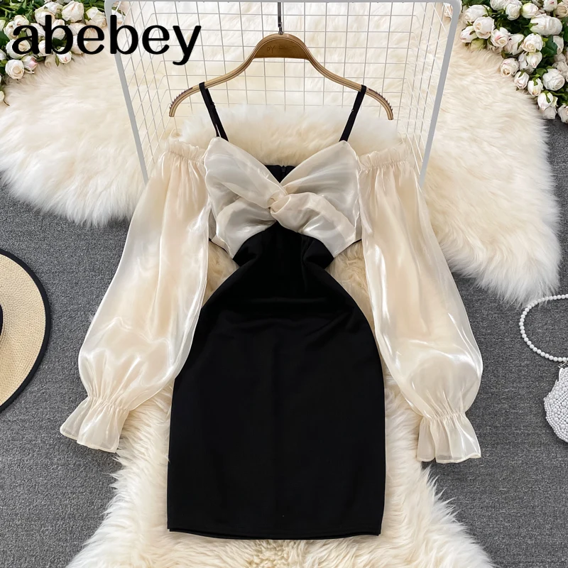 

Женское короткое платье с V-образным вырезом, плиссированное платье с длинным рукавом, открытыми плечами и высокой талией, в Корейском стиле...