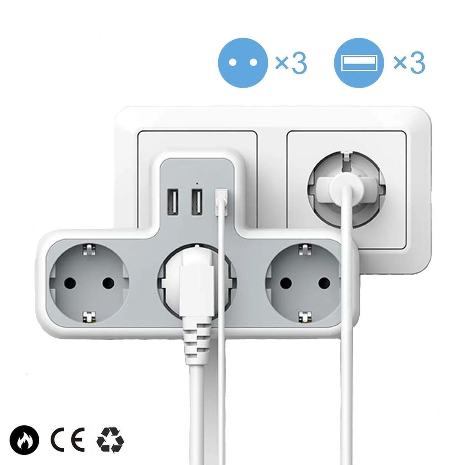 

Розетка настенная 6-в-1 с 3 розетками переменного тока и 3 USB-портами