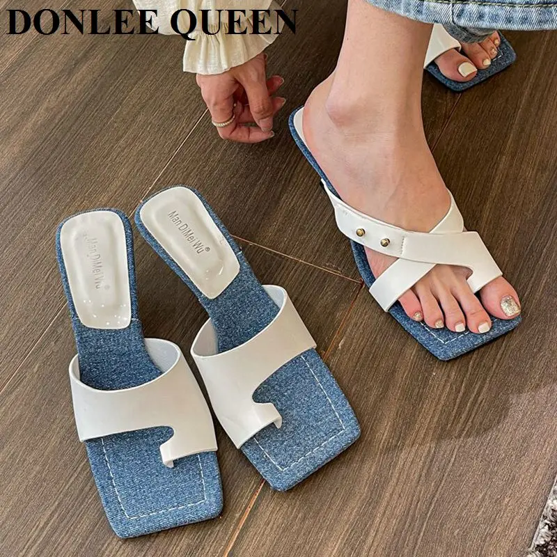 

Сланцы женские из денима, модные синие шлепанцы с квадратным носком, без застежки, сандалии, лето 2022