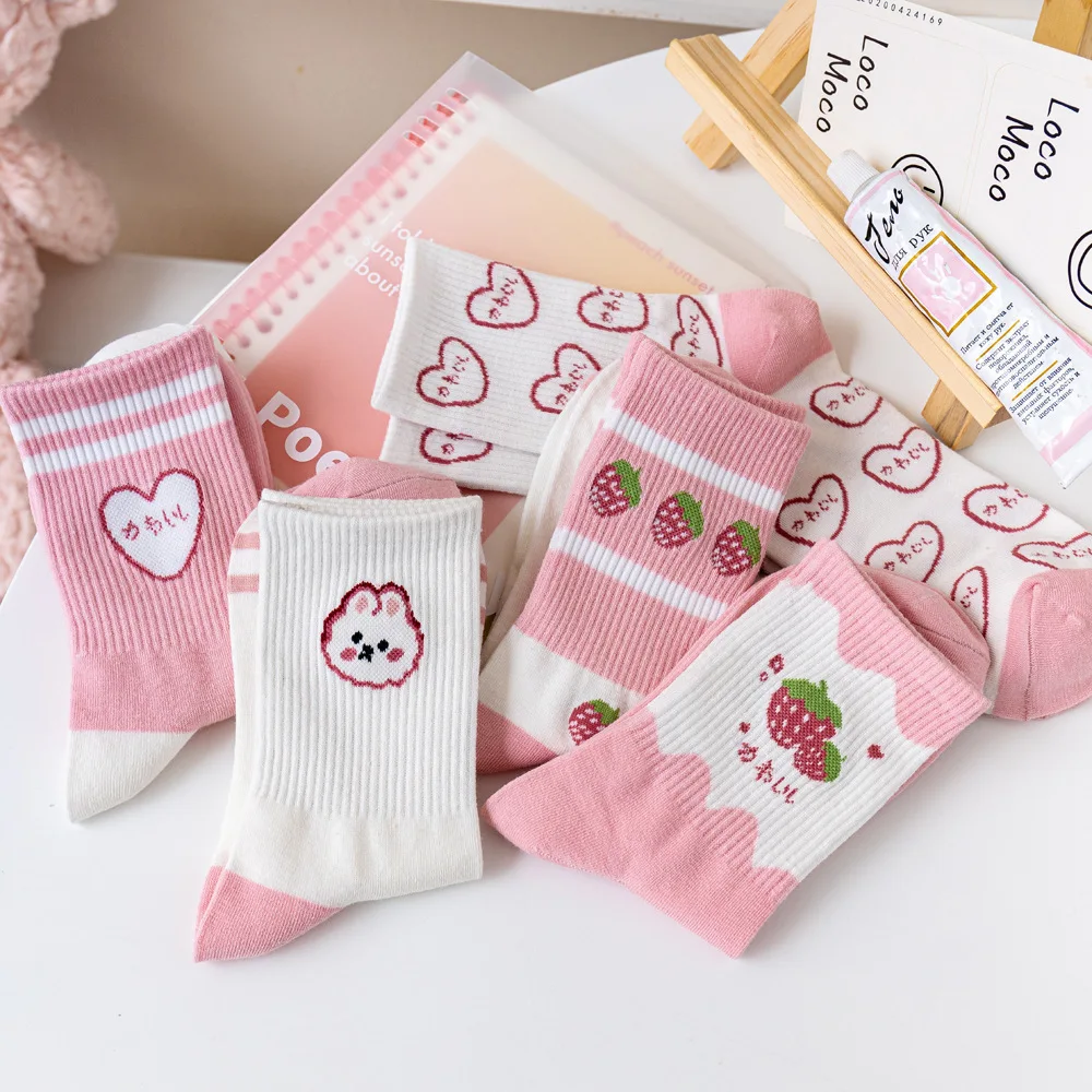 

Socks Women Summer New Pink Sweet Trend Cotton Socks Long Socks Love Strawberry Student Mid Tube Socks Calcetines Divertidos