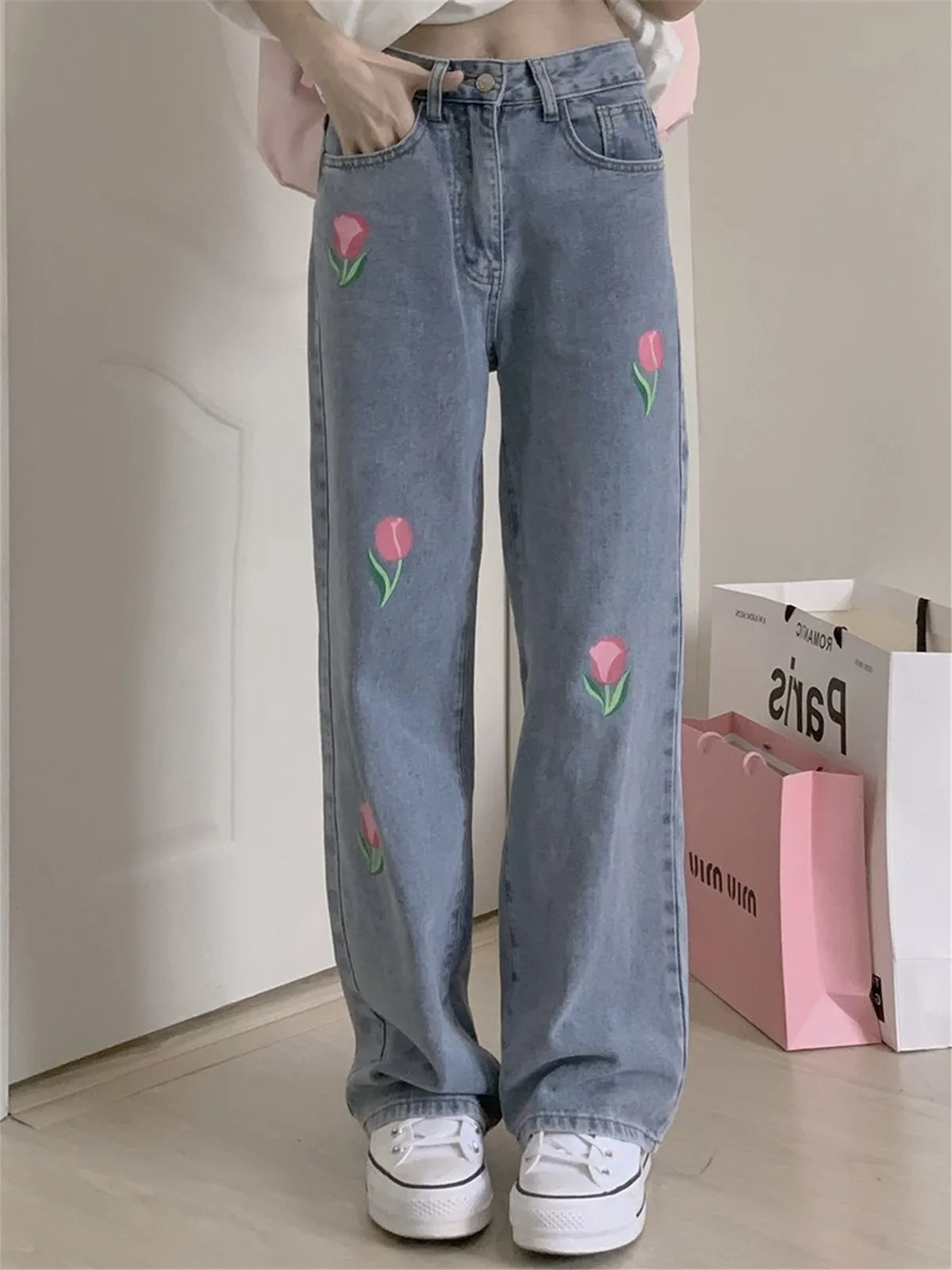 

Cool Summer Flowers Print Pants Harajuku Straight Loose High Street Trousers Streetwear Ulzzang High Waist Brand Jeans Femme