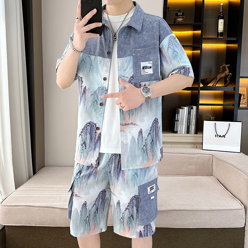 Casual 2023 Summer New Shirts And Shorts Men's Sets Hip Hop Streetwear Loose Two Piece Top Tee&Knee-Length Pant Youth Print Suit