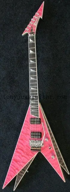 

Jack Son Ed Roman Vinnie Vincent Black Pink Flying V Electric Guitar Quilted Maple Top, Sparkle Siver Side & Back, Locking Nut